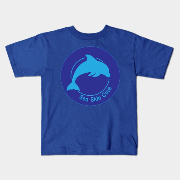 Sea Side Cove Dolphin Logo Dark Blue Kids T-Shirt by Katya Summers Books